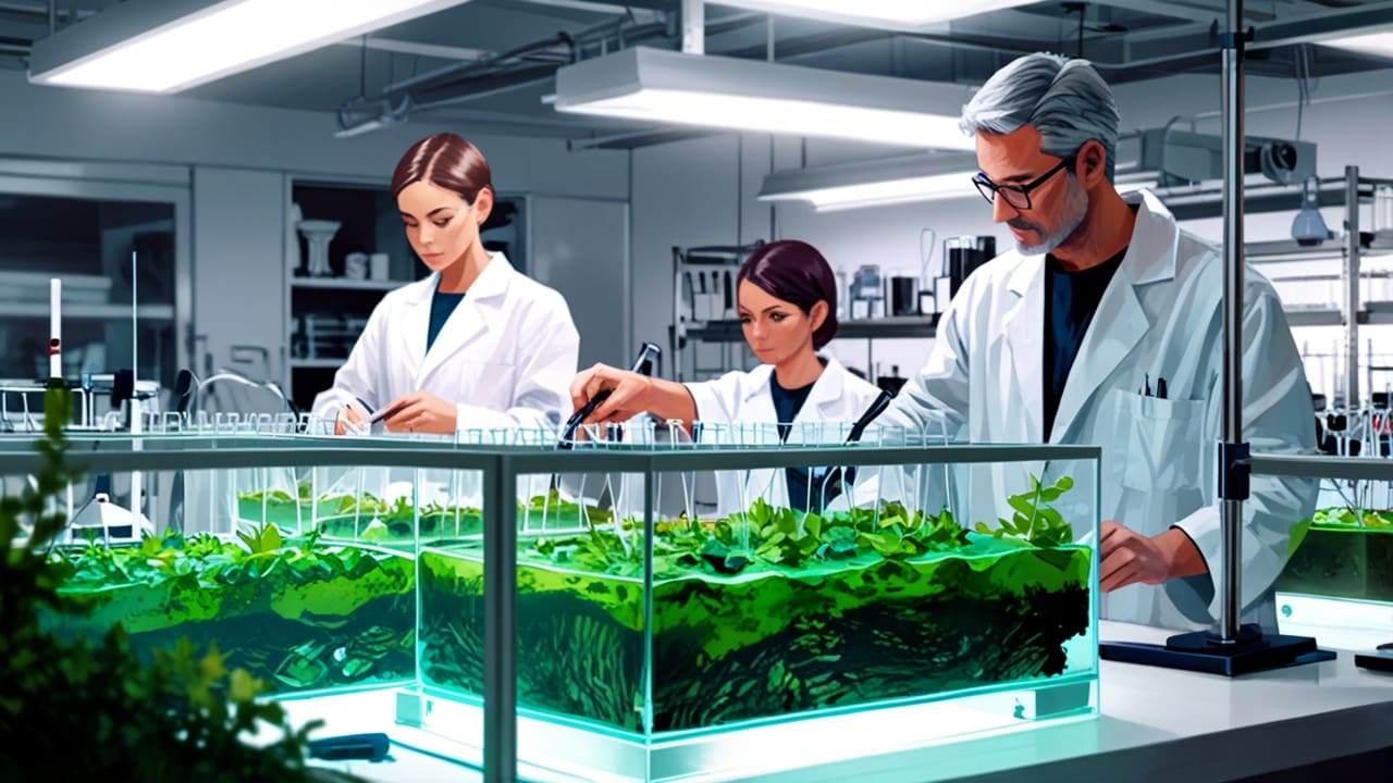 Cultivo de algas marinas en un laboratorio tecnológico con equipos modernos