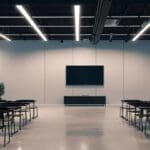 Sala moderna con equipos tecnológicos cuánticos y pantallas digitales en un ambiente corporativo