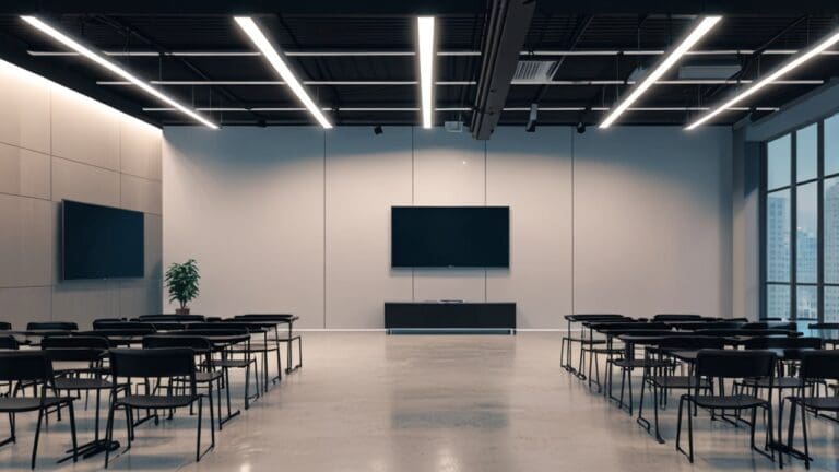 Sala moderna con equipos tecnológicos cuánticos y pantallas digitales en un ambiente corporativo