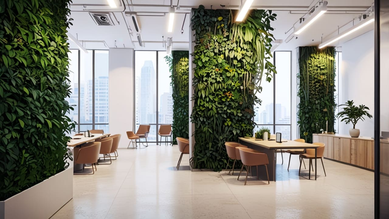 Oficinas modernas de una startup con jardines verticales y decoración minimalista