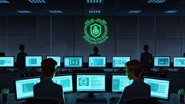 Oficinas modernas con equipos tecnológicos representando la ciberseguridad.