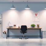 Dispositivo médico sobre escritorio blanco en oficina moderna con fondo tecnológico borroso