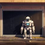 Primer plano de un robot limpiando paneles solares al amanecer en un entorno desértico.