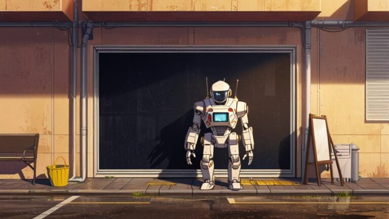 Primer plano de un robot limpiando paneles solares al amanecer en un entorno desértico.