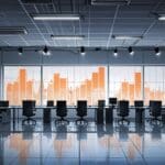 Oficinas de una empresa tecnológica con gráficos financieros en pantallas.