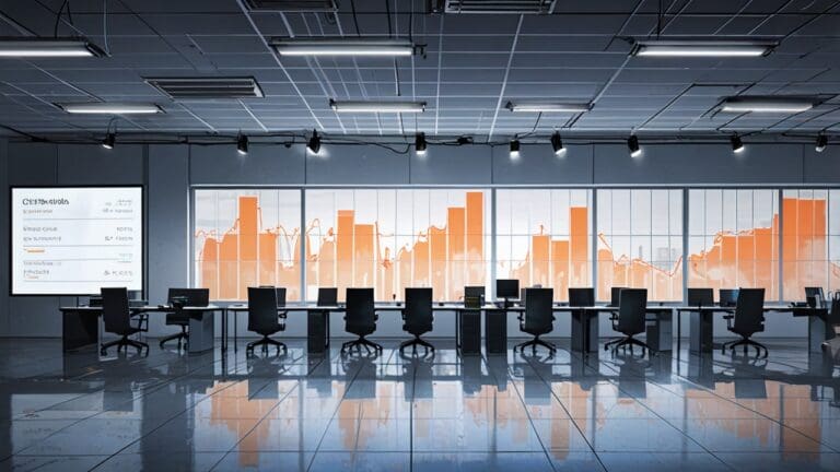 Oficinas de una empresa tecnológica con gráficos financieros en pantallas.