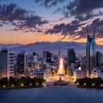 Vista panorámica de un moderno centro de negocios en Santiago de Chile al anochecer.