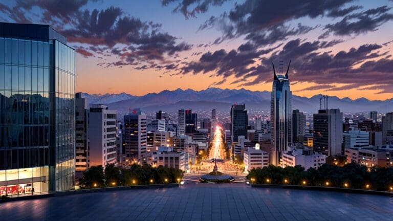 Vista panorámica de un moderno centro de negocios en Santiago de Chile al anochecer.