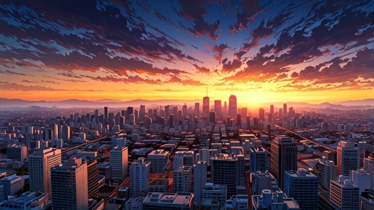 Vista panorámica de un centro tecnológico en la ciudad al atardecer
