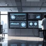 Oficinas modernas con computadoras y gráficos de inteligencia artificial en pantallas.