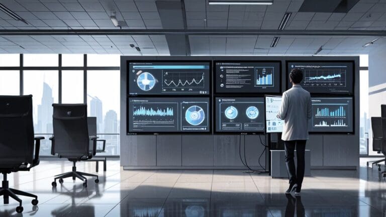 Oficinas modernas con computadoras y gráficos de inteligencia artificial en pantallas.