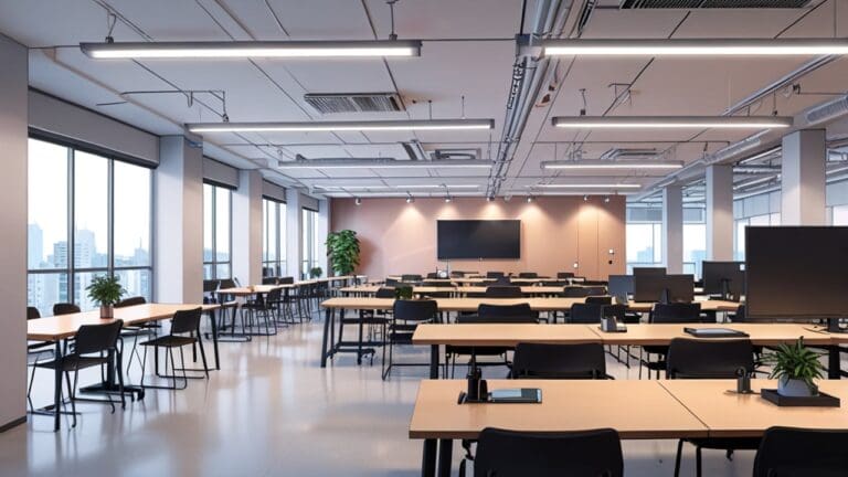 Vista panorámica de un moderno centro de coworking con tecnología avanzada.