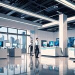 Interior moderno de oficina tecnológica con equipo de metrología en exhibición