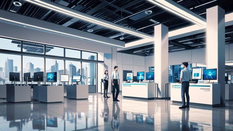 Interior moderno de oficina tecnológica con equipo de metrología en exhibición