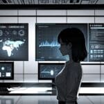 Oficina moderna con computadoras y gráficos digitales sobre inteligencia artificial en las pantallas, sin personas presentes.