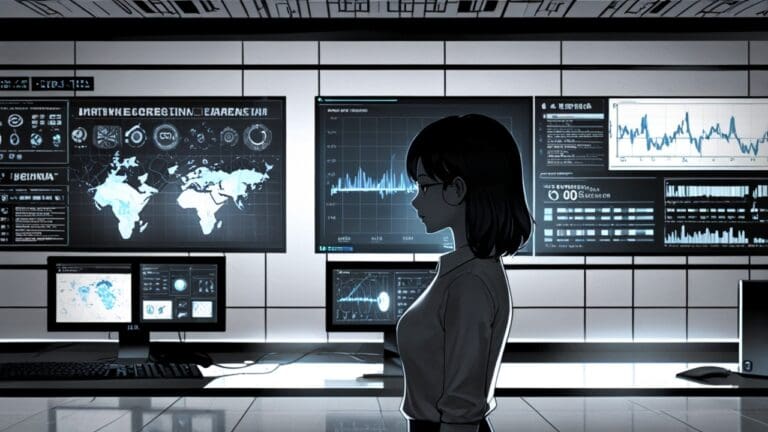 Oficina moderna con computadoras y gráficos digitales sobre inteligencia artificial en las pantallas, sin personas presentes.