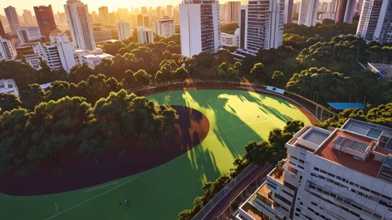 Vista aérea de un parque tecnológico en Sao Paulo al atardecer.