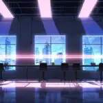 Centro tecnológico moderno con rascacielos y luces vibrantes