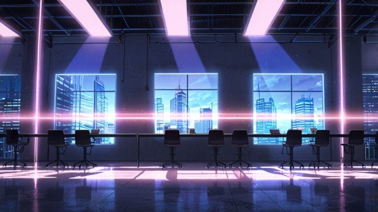 Centro tecnológico moderno con rascacielos y luces vibrantes