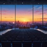 Vista panorámica de un centro de conferencias moderno y tecnológico al amanecer