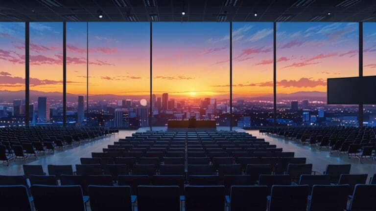 Vista panorámica de un centro de conferencias moderno y tecnológico al amanecer