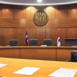 Sala de tribunal moderna con abogados revisando documentos.