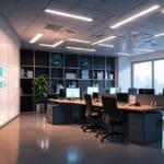Oficinas modernas con un ambiente tecnológico, ordenadores y gráficos de datos en pantallas.