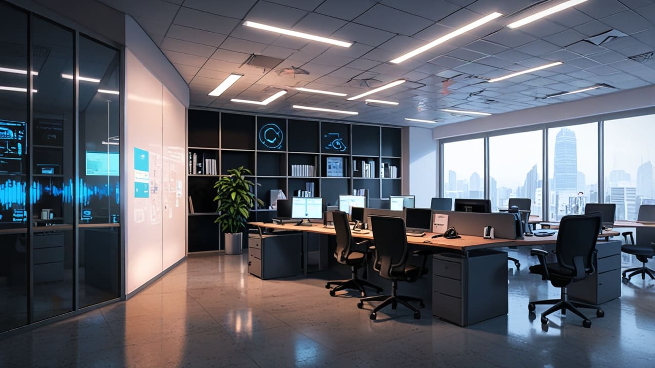 Oficinas modernas con un ambiente tecnológico, ordenadores y gráficos de datos en pantallas.