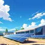 Panorámica de un campus de startups tecnológicas rodeado de naturaleza y energía solar.