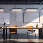 Mesa de trabajo moderna con laptops y notas en un ambiente de oficina tecnológico