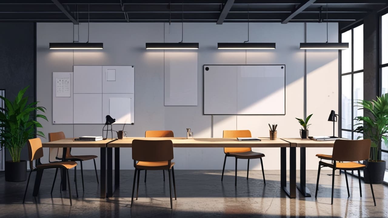 Mesa de trabajo moderna con laptops y notas en un ambiente de oficina tecnológico