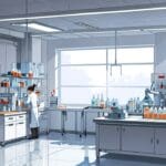 Ilustración dinámica de un laboratorio moderno con equipos tecnológicos de fertilidad.