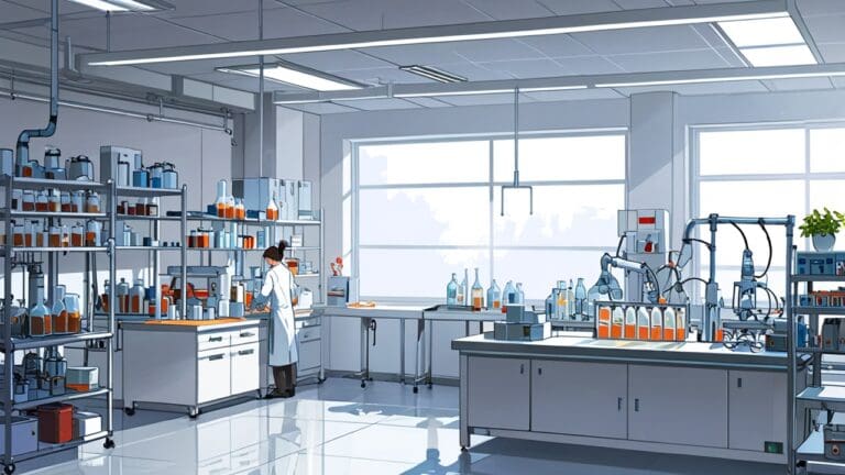 Ilustración dinámica de un laboratorio moderno con equipos tecnológicos de fertilidad.