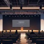 Sala de conferencias moderna con emprendedores presentando proyectos de tecnología en un escenario.