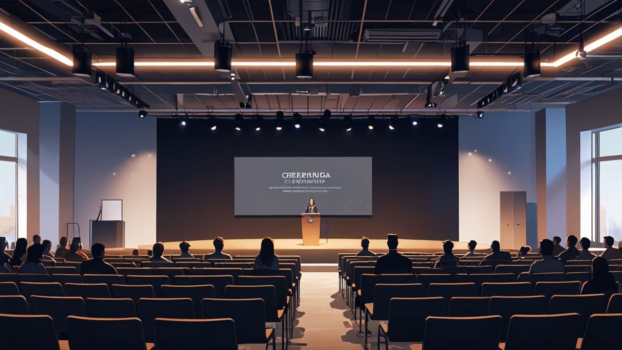Sala de conferencias moderna con emprendedores presentando proyectos de tecnología en un escenario.