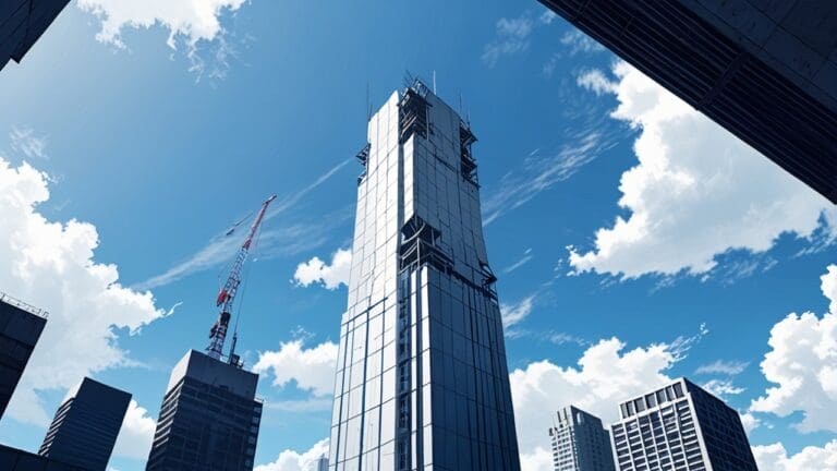 Torre moderna en construcción entre edificios urbanos con un cielo despejado