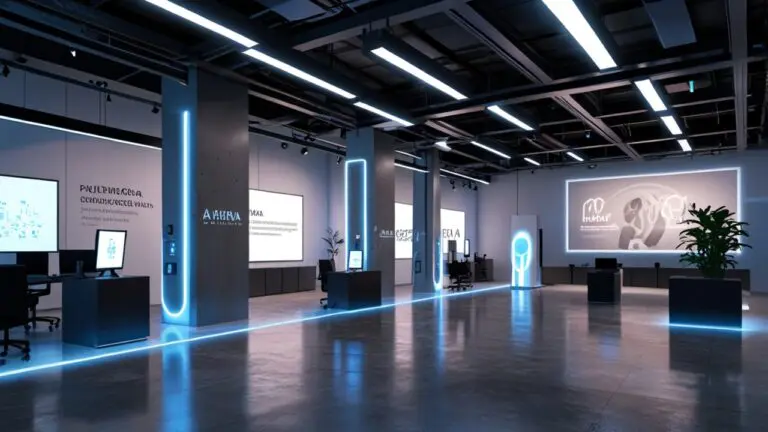 Oficina moderna con equipos tecnológicos de inteligencia artificial en uso, ambiente iluminado y futurista