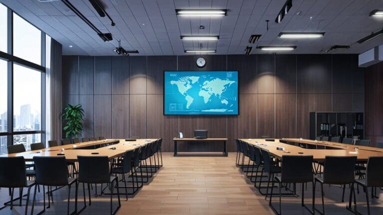 Sala de reuniones moderna en un edificio corporativo tecnológico con pantallas y gráficos sobre inversión en criptomonedas.