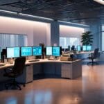 Oficina moderna con computadoras y tecnología avanzadas, ambiente iluminado y profesional.