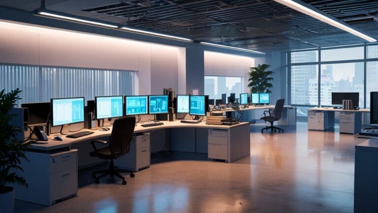 Oficina moderna con computadoras y tecnología avanzadas, ambiente iluminado y profesional.