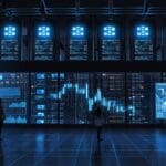 Interiores de un centro de datos moderno con luces LED y servidores blockchain en acción.