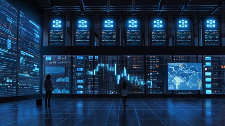 Interiores de un centro de datos moderno con luces LED y servidores blockchain en acción.