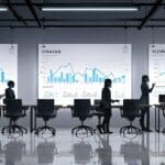 Oficina moderna con equipos tecnológicos y gráficos de marketing digital en pantallas