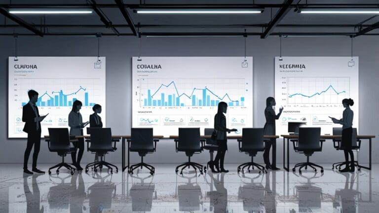 Oficina moderna con equipos tecnológicos y gráficos de marketing digital en pantallas