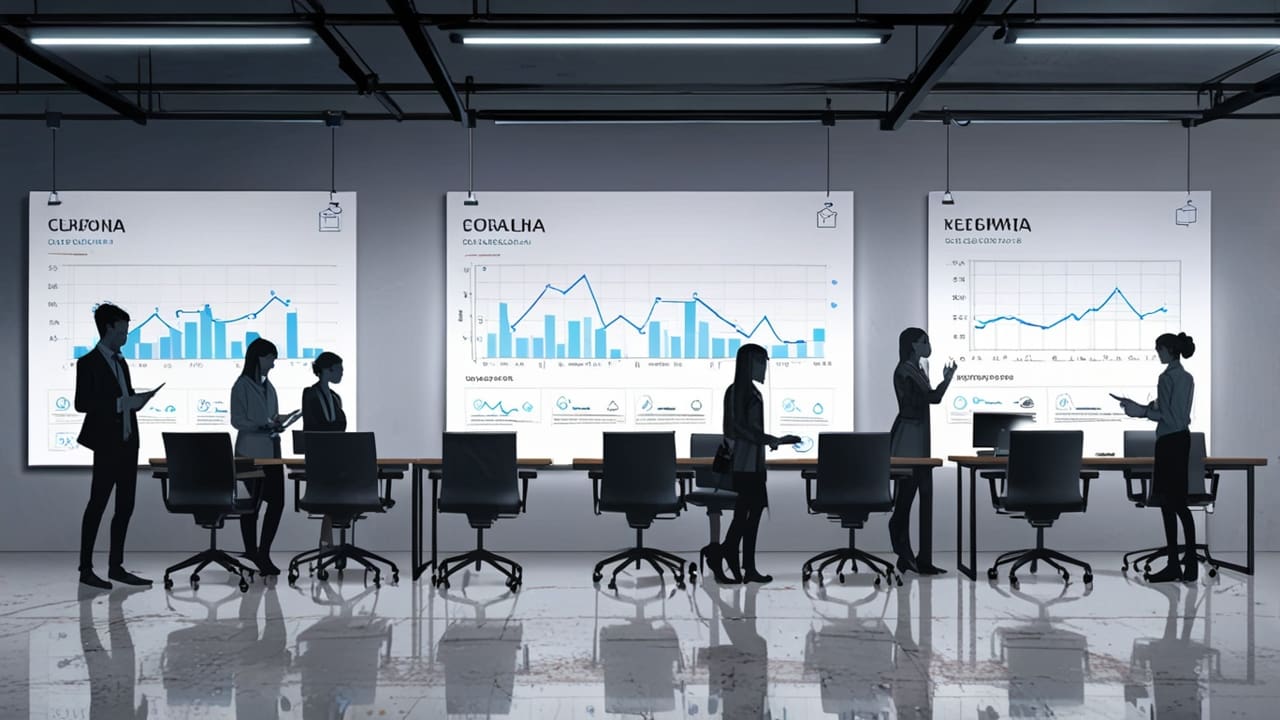 Oficina moderna con equipos tecnológicos y gráficos de marketing digital en pantallas