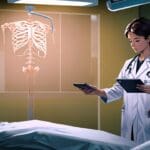 Médico sosteniendo una tableta con interfaz de inteligencia artificial en una habitación iluminada de hospital