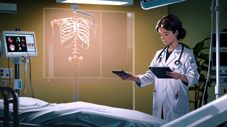 Médico sosteniendo una tableta con interfaz de inteligencia artificial en una habitación iluminada de hospital