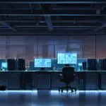 Oficina moderna con computadores y servidores iluminados, simbolizando tecnología avanzada