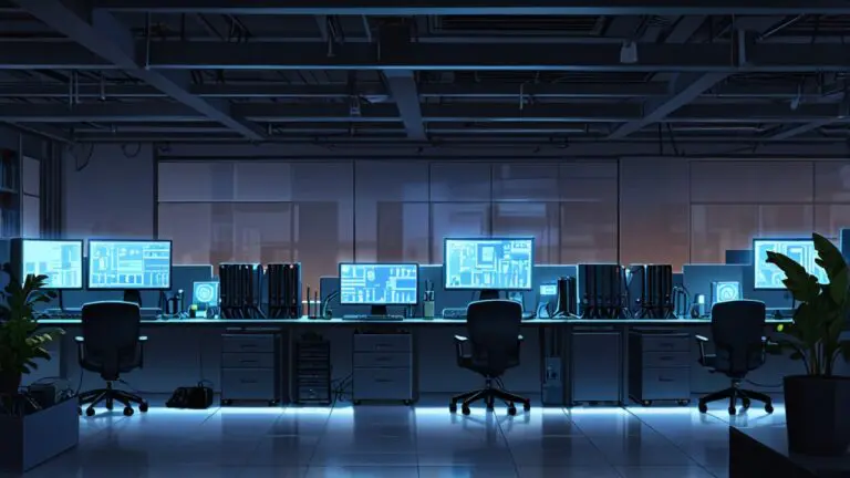 Oficina moderna con computadores y servidores iluminados, simbolizando tecnología avanzada
