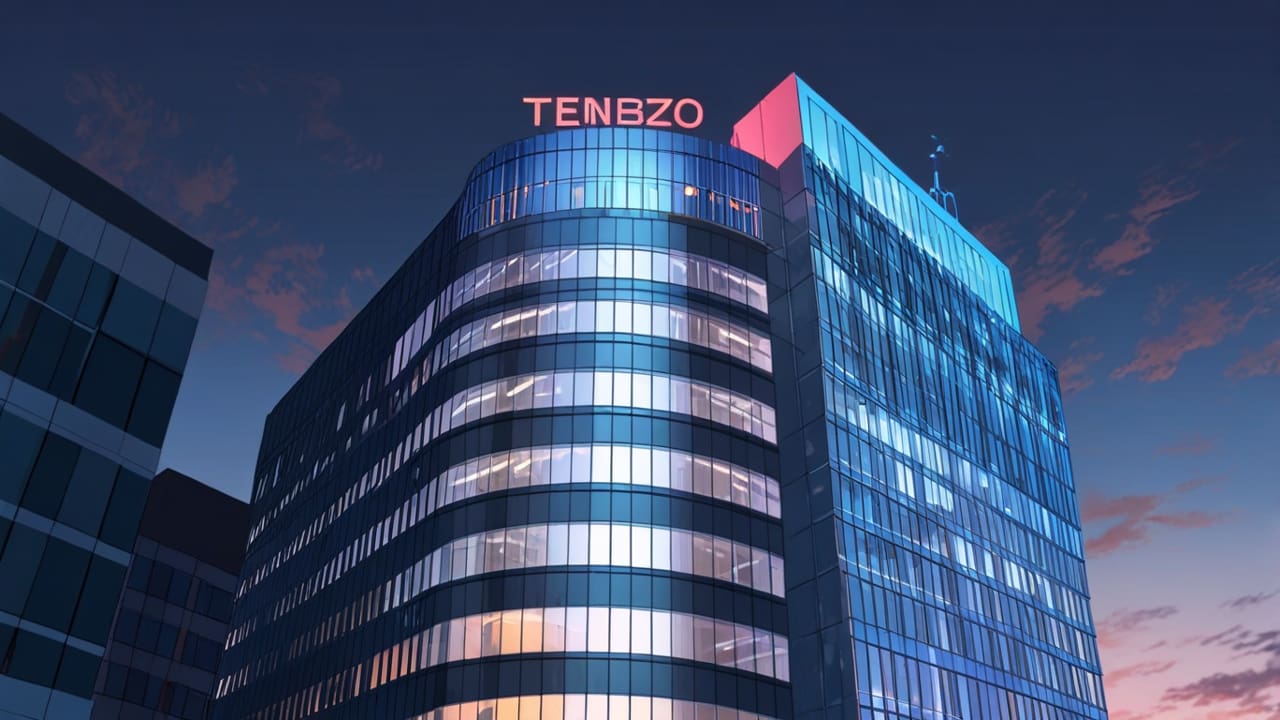 Edificio moderno tecnológico al atardecer, simbolizando la innovación y digitalización